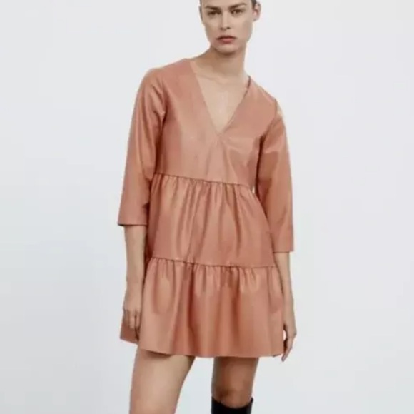 Zara Dresses & Skirts - Zara Tan Pleather Mini Dress with Quarter Sleeves